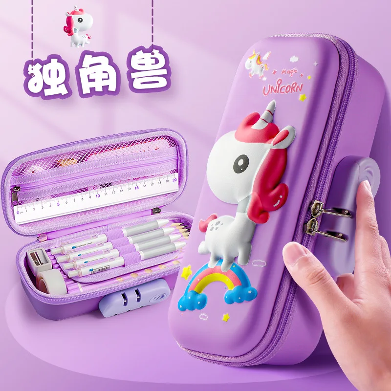 3D EVA Kawaii Pencil Case with Lock Unicorn Organizer Cute Pencil Box Pouch School Bag for Girl Boy Supplies Students Stationery