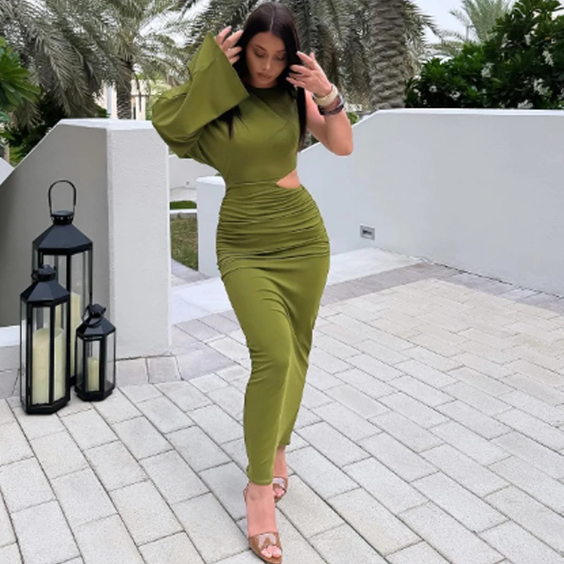 HXAO Abito lungo femminile Abiti da festa ritagliati Estate Una spalla Abiti eleganti da donna Abito longuette verde aderente increspato Vestido