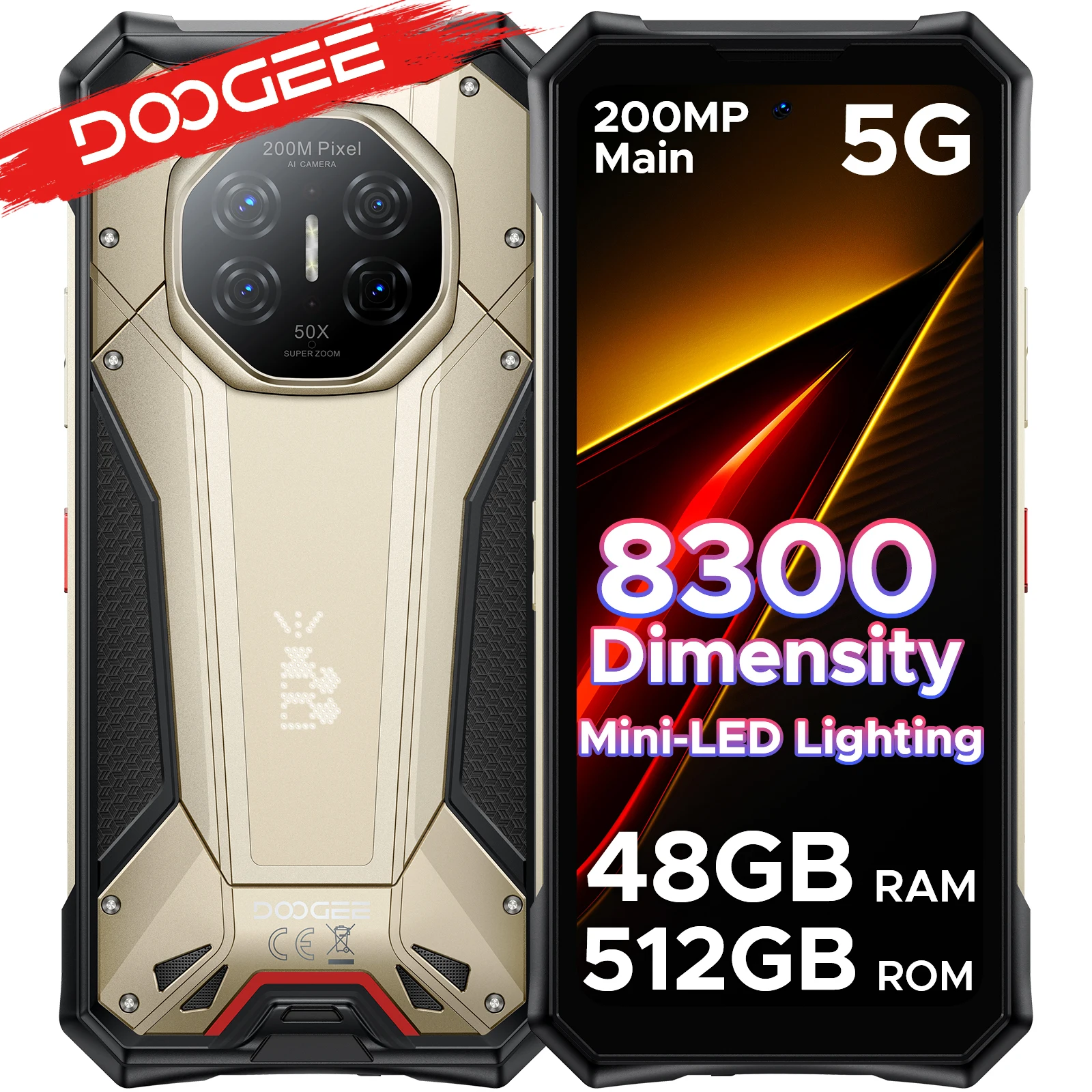 Téléphone robuste DOOGEE S300 Pro 5G, processeur Dimensity 8300, appareil photo 200MP, écran 6,78 pouces 120Hz, batterie 11000mAh, 48 Go (16+32 Go) 512 Go, Android 16, NFC, Google Play, compatible