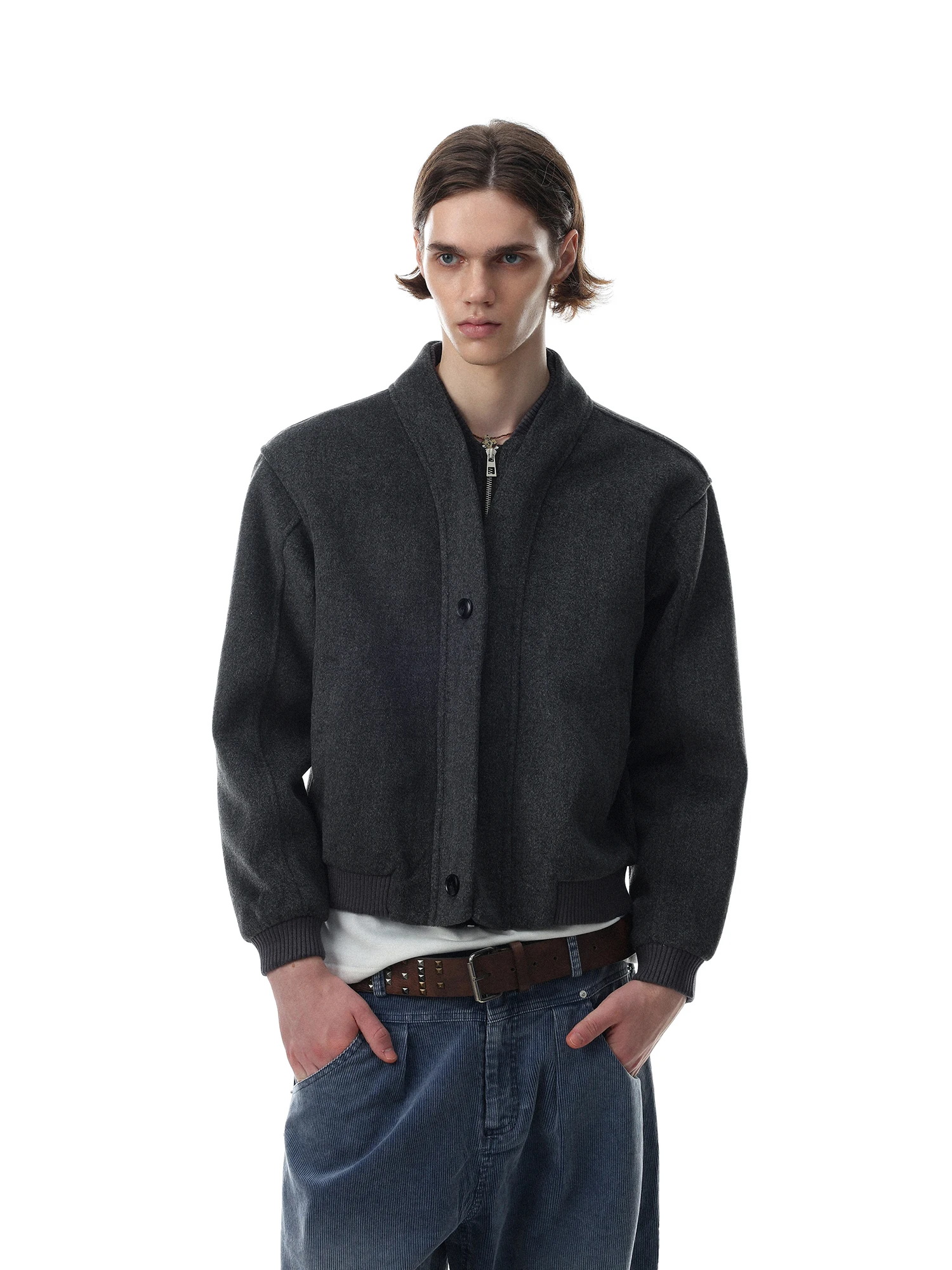 MRNEARLY American Retro Stand Collar Jacket Men's Double Layered Short Pure Color Versatile Outerwear Thickened Winter Coat