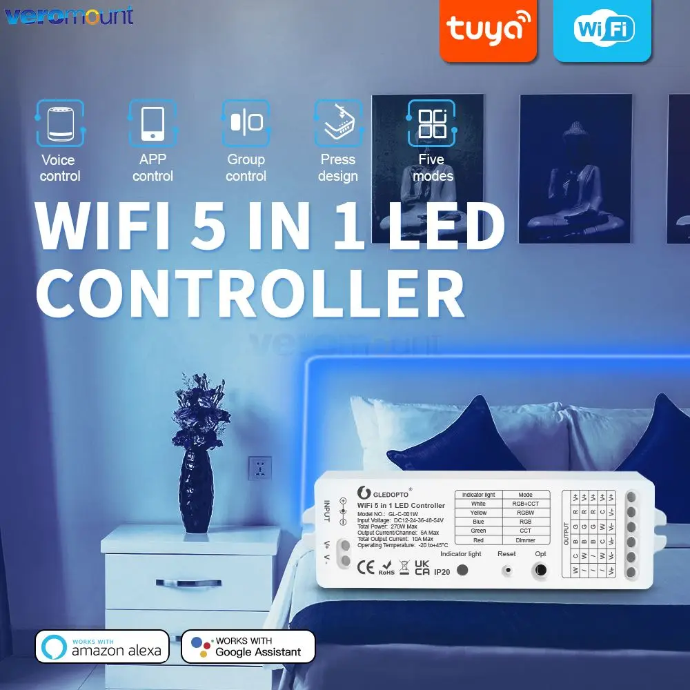 

DIM/CCT/RGB/RGBW/RGBCCT 5 in 1 WiFi LED Strip Controller Work with Tuya Smart Life App / 2.4G RF Remote / Alexa Voice Control