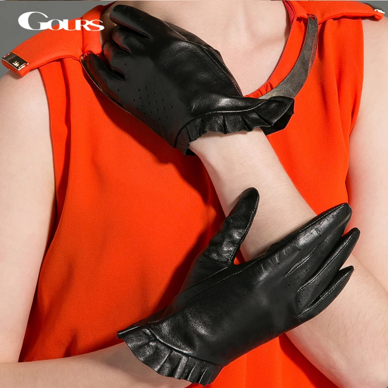 GOURS Winter Real Leather Gloves Women Brown Genuine Goatskin Gloves Thin Lining Warm Soft Driving Fashion Laciness New GSL021