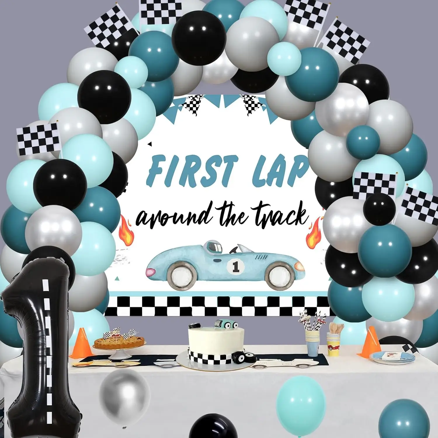 Race Car Backdrop with Balloon Garland Kit, First Trip Supplies, First Birthday Party Decorations, Boys, First Trip, Fast One