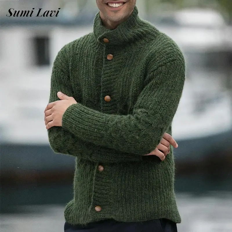 

Повседневные мужские вязаные куртки, осень-зима, винтажный кардиган с воротником-стойкой на пуговицах, топы, мужская мода, однотонный свитер