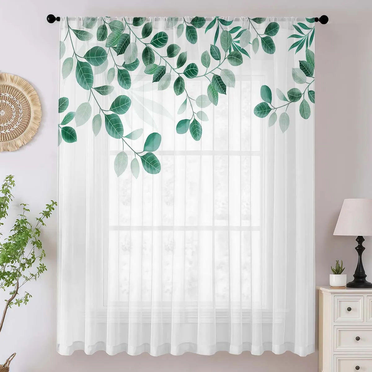 Nordic Plant Style One-Piece Rod-Going Window Screen Simple And Warm Countryside Decorative And Practical Window Curtain