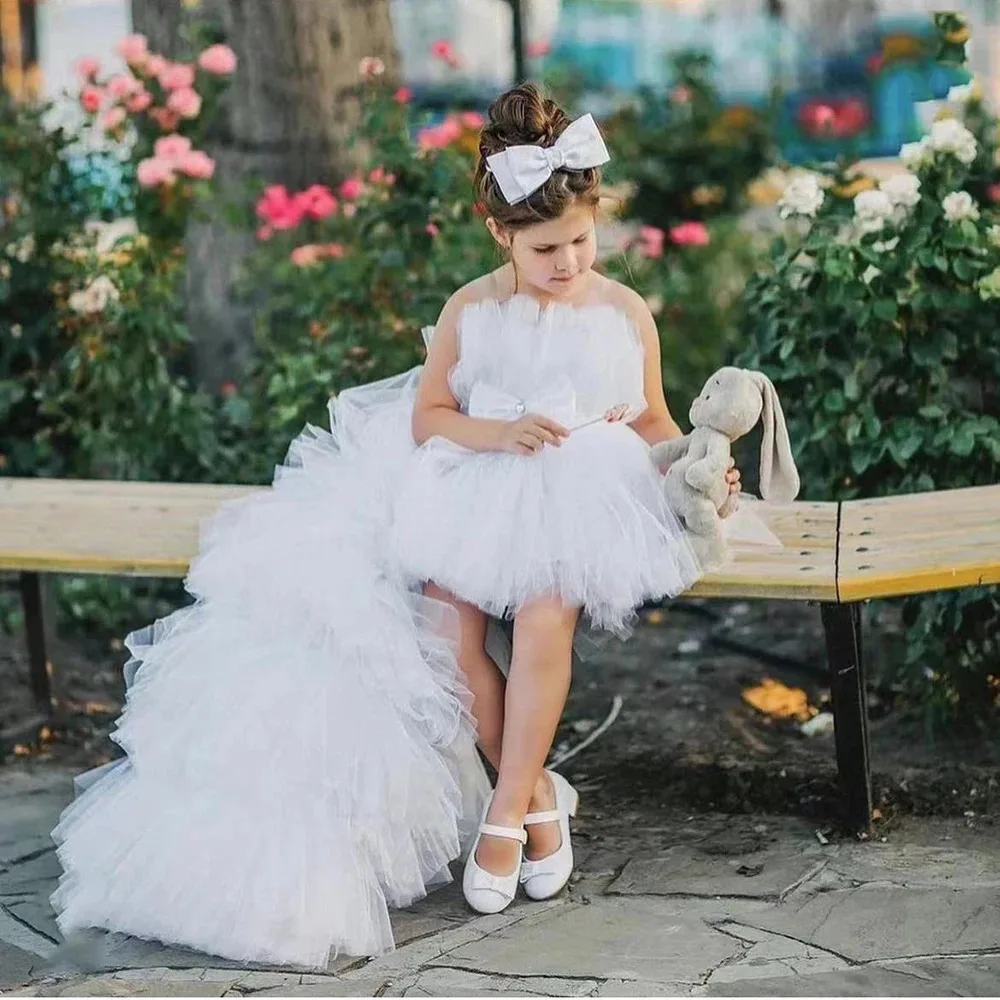 Vestido de niña de flores en capas para boda, tul blanco sin mangas con lazo, bonito vestido de fiesta de cumpleaños para niño