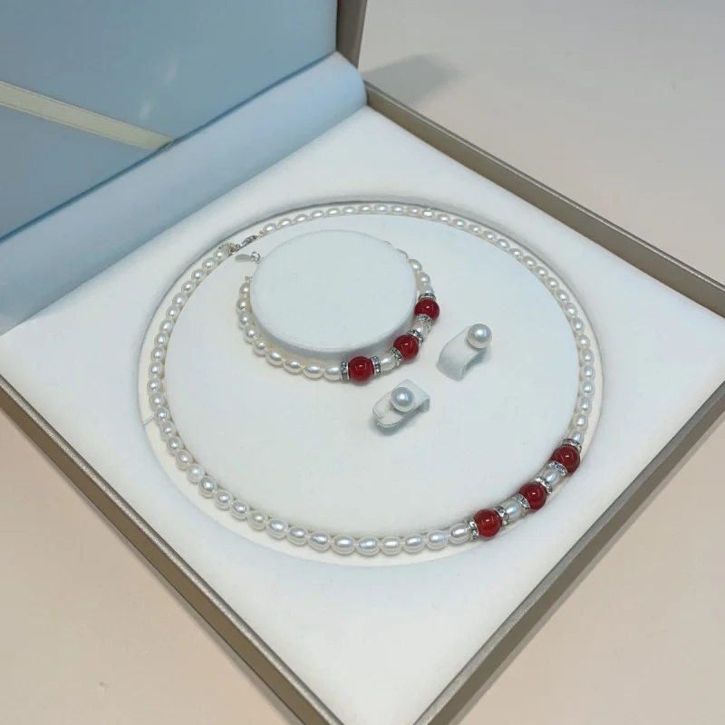 

Freshwater Pearl Necklace Red Agate Small Rice Beads 925 Silver Clasp