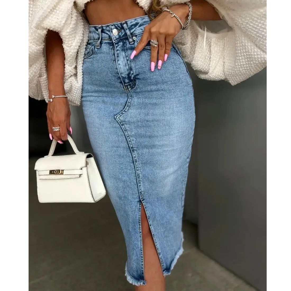 2025 Autumn/Winter Women's High-Waisted Denim Skirt Slim Fitted Pencil Skirt