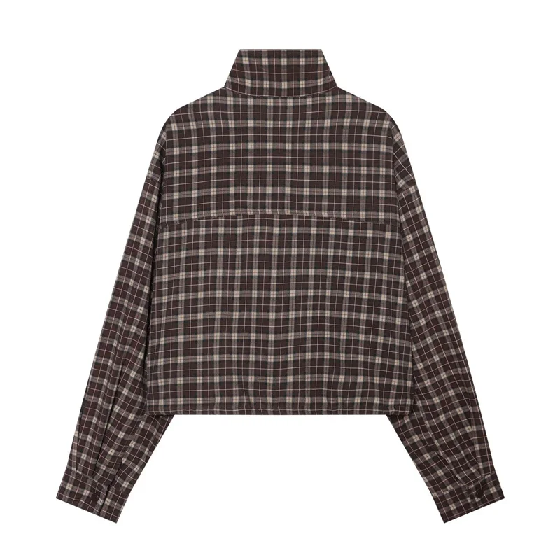 Guobioziy Women's Jacket 2026 Fall New Deep Brown Plaid Long Sleeve Stand Collar Loose Fit Parka Casual Fashion Personalized