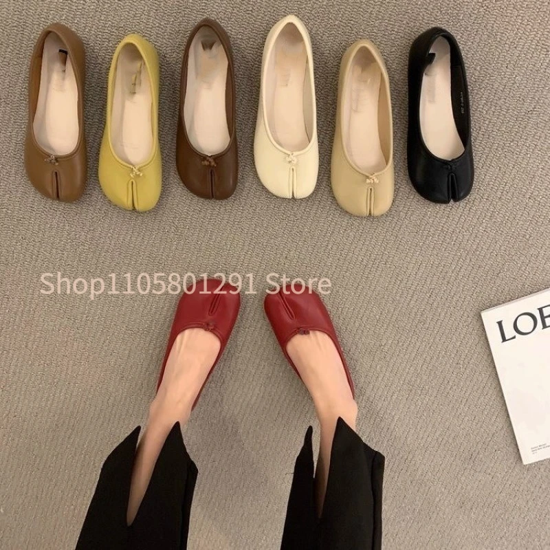 Women Cozy Leather Flats Split Hoof Toe Loafers Femme Mary Jeans Mocasines Ladies Ballerina Shoes Tabi Flat Shoes