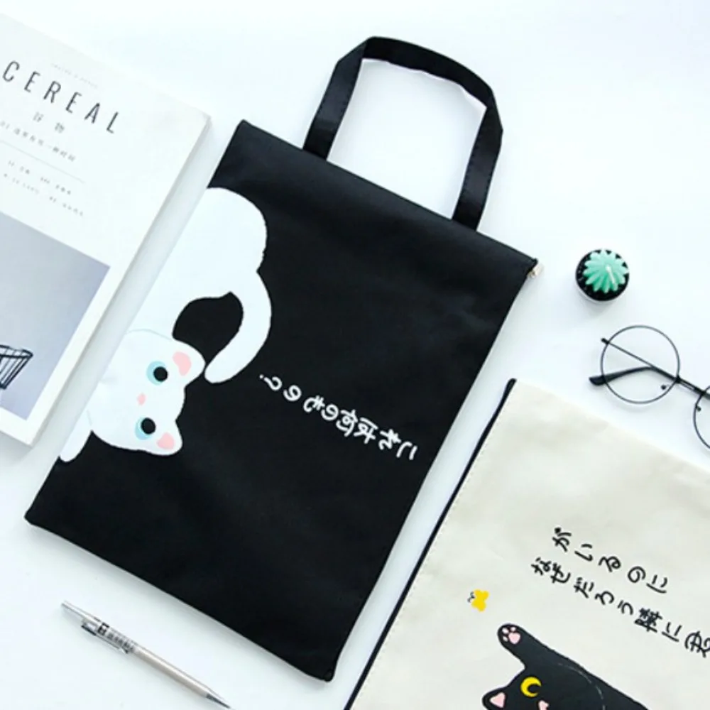 Bolsa portátil para documentos A4, bolsa de almacenamiento de papel con imagen de gato de lona, bolso de suministros escolares de dibujos animados