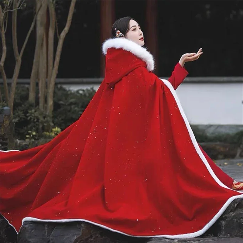 Beautiful Adult Hanfu Red Women Ancient Traditional Cosplay Cloak Cape Fall Winter Overcoat Chinese Style Wedding Party