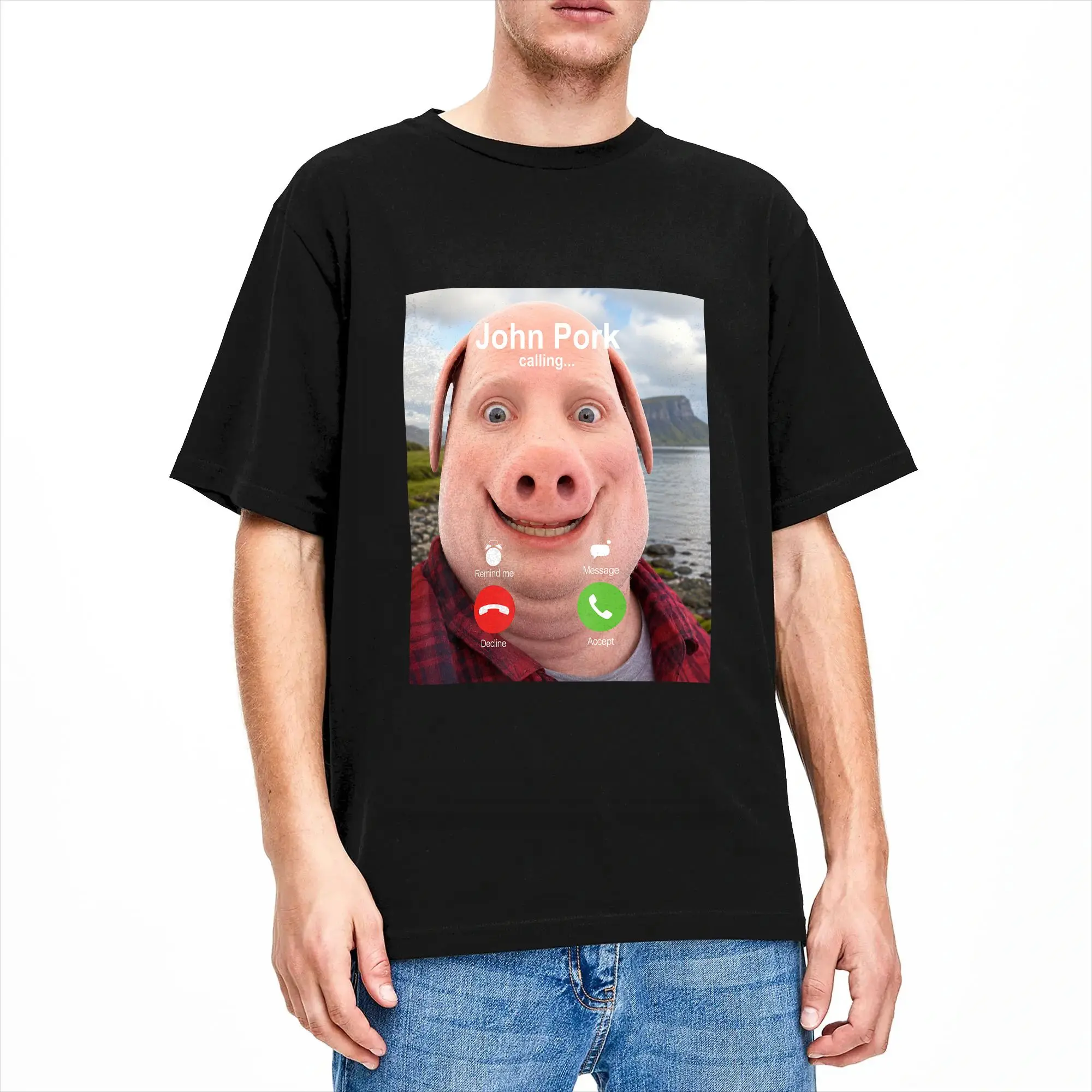 John Pork Calling Decline Accept Incoming Call John Pork T-Shirt Beach Cotton T Shirts Men Trending Tee Shirt Street Top Tees