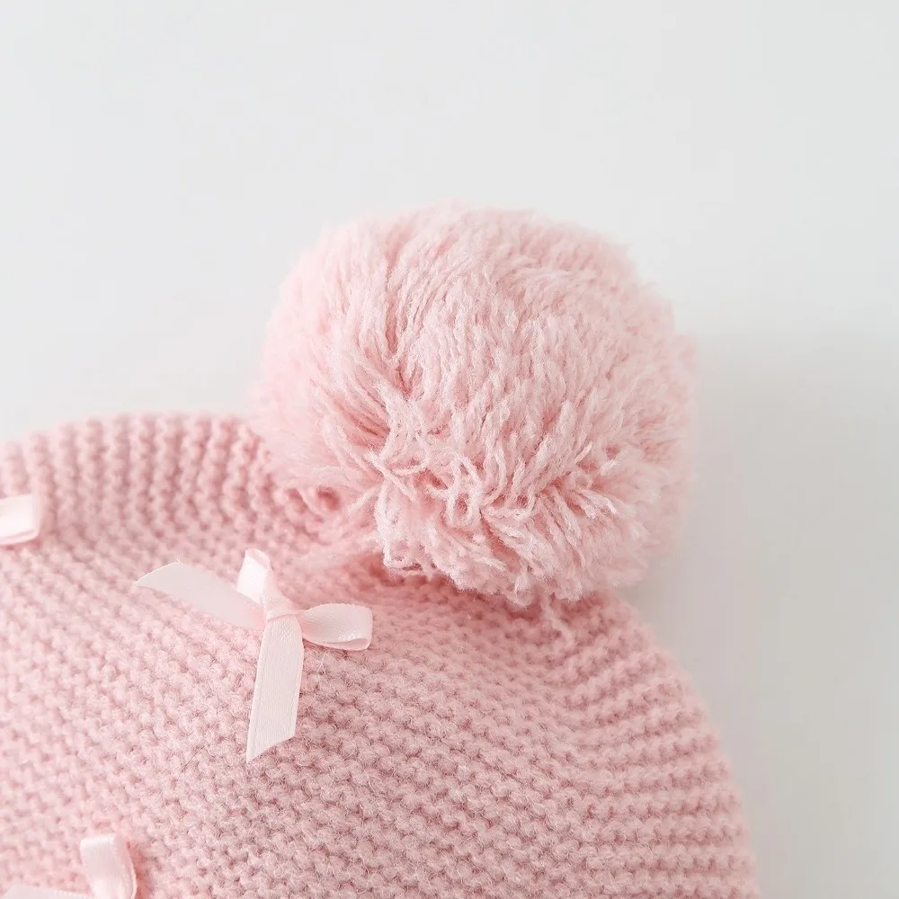 Cute Bowknot Hat Neck Warmer Gloves Set Soft Polyester Hat Scarf Gloves Kit Solid Color Pink Knitted Beanie Outdoor