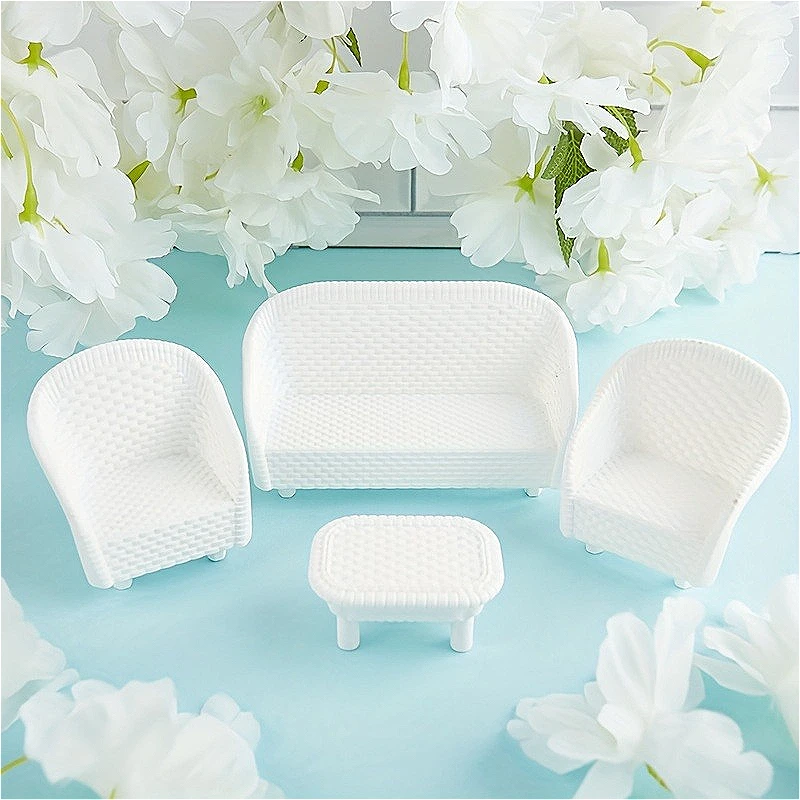 

4pcs/set 1:12 Dollhouse Mini White Plastic Sofa Table Set Playhouse Living Room Decor Ornament Accessory Miniature Table Chair