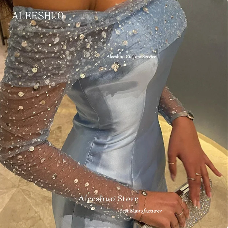 Aleeshuo-vestidos de graduación de tul azul cielo, elegantes vestidos de sirena sin hombros, encaje sin tirantes, largos, ocasiones formales, fiesta de noche, 2024