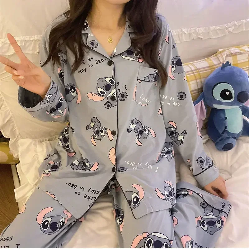 2Pcs Set Disney Stitch Pajamas Set for Women Japanese Cute Cartoon Students Long-Sleeved Trousers Home Service Suit Gifts