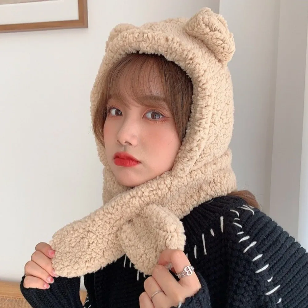 Fashion Winter Bear Ear Hooded Scarf Fleece Warm Neck Warmer Hat Casual Ear Protection Beanie Hat Scarf for Women