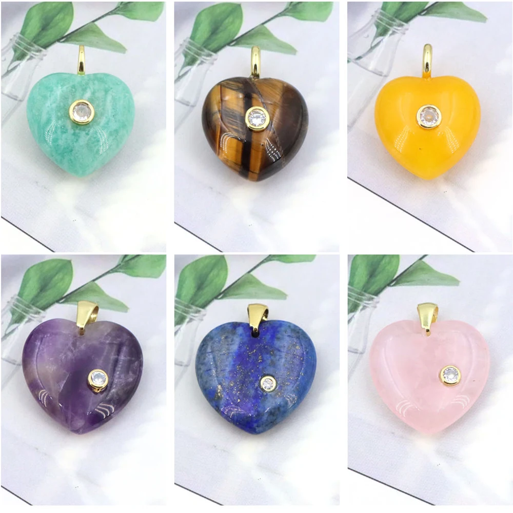 Natural Stone Heart Shape Pendant Healing Crystal Amazonite Amethyst Rose Quartz Love Gift Jewelry Making DIY Necklace Accessori