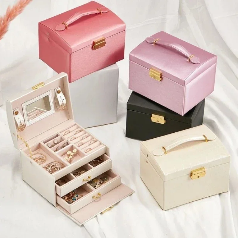 Three Drawer Handheld Jewellery Box Earring Ring Necklace Storage PU Leather Jewellery Display Box With Security Key Lock Amagi