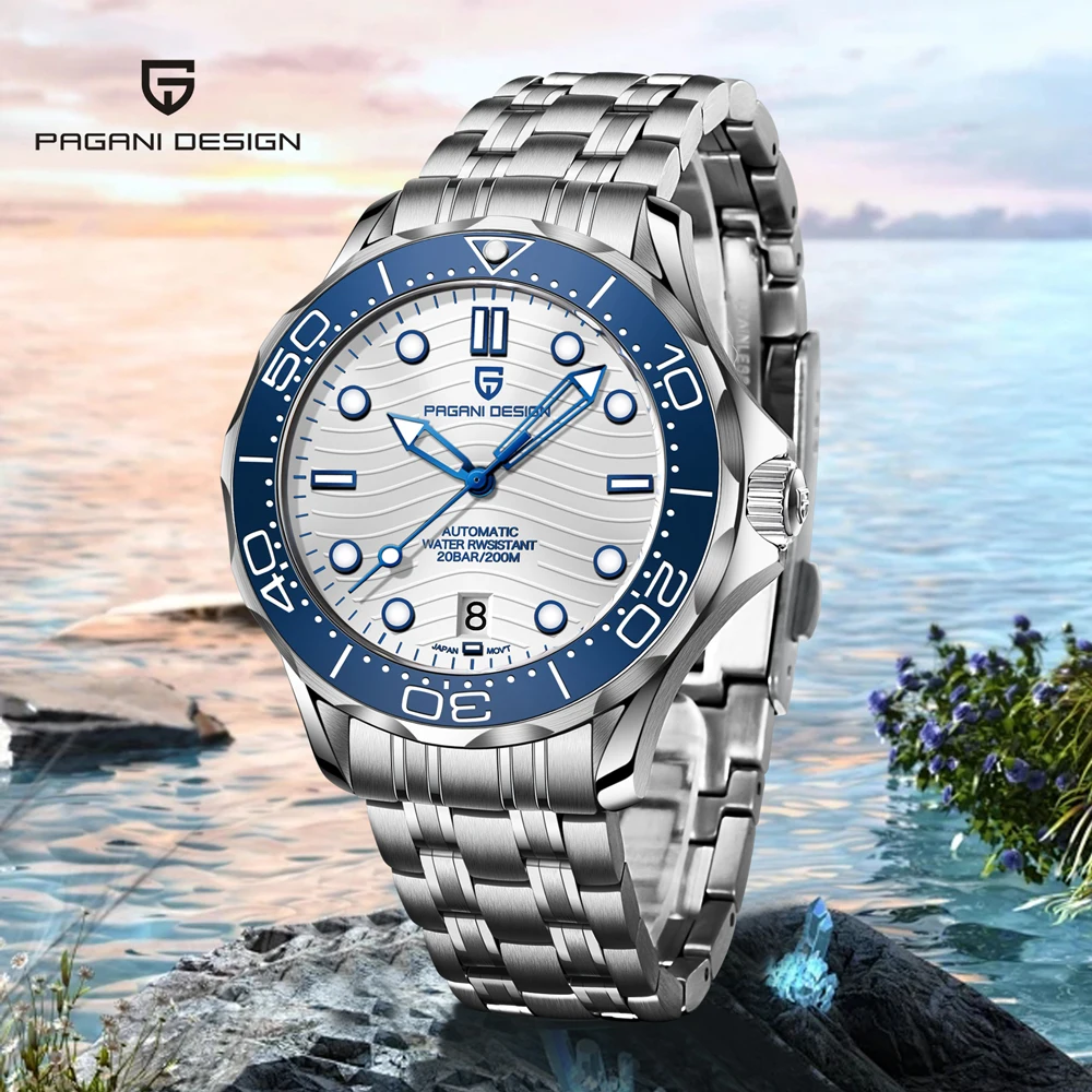 PAGANI DESIGN Orologi Orologio meccanico automatico semplice blu e bianco da uomo AR Vetro zaffiro NH35 Movimento in acciaio inossidabile