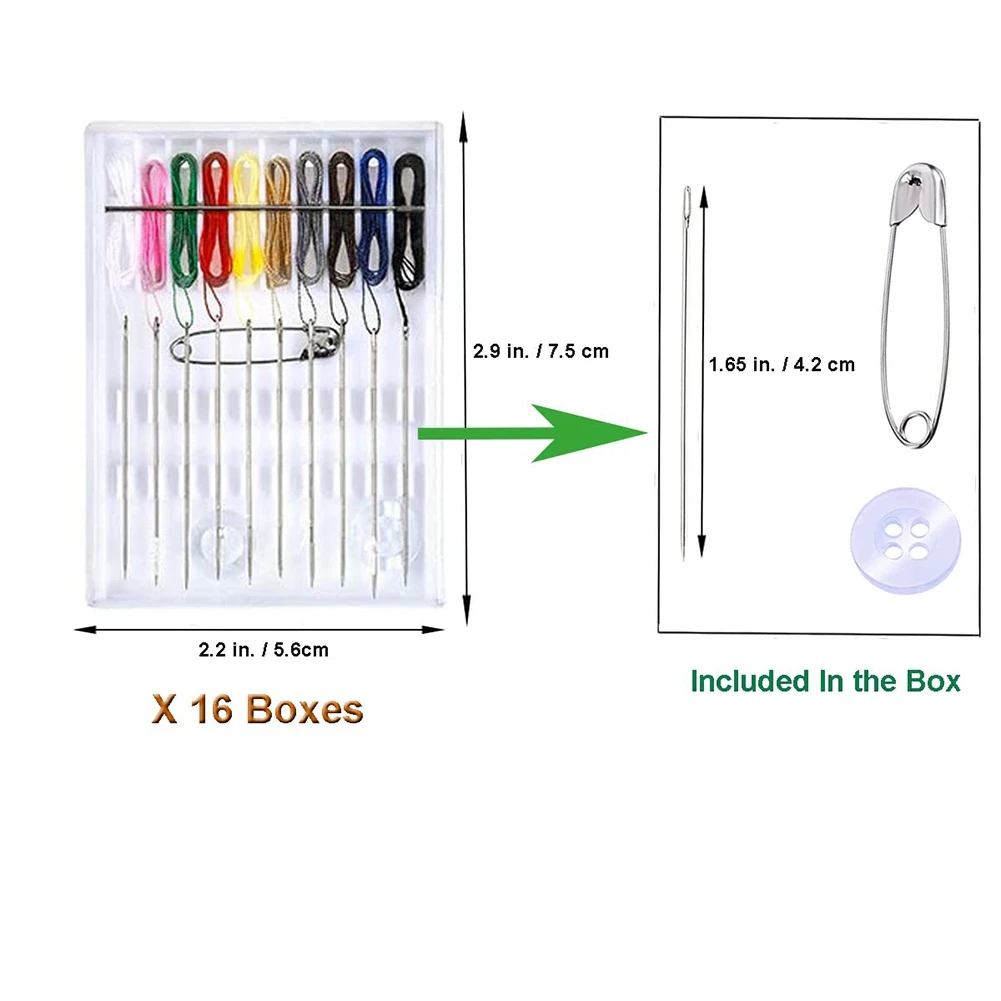 16 Boxes Home and Travel Quick Fix Sewing Kit Pre Threaded Needle Kit, Each Box with 10 Pieces