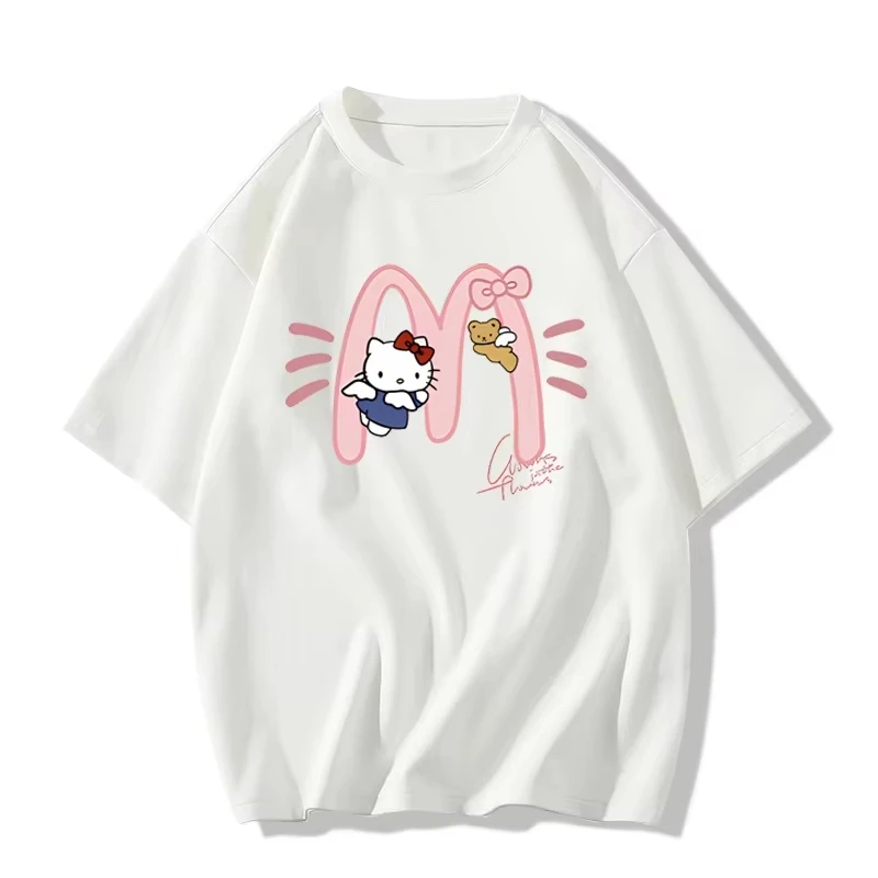 

MINISO Japanese college style Kitty cat cute all-match street fashion tops short-sleeved T-shirts for women loose version slim o