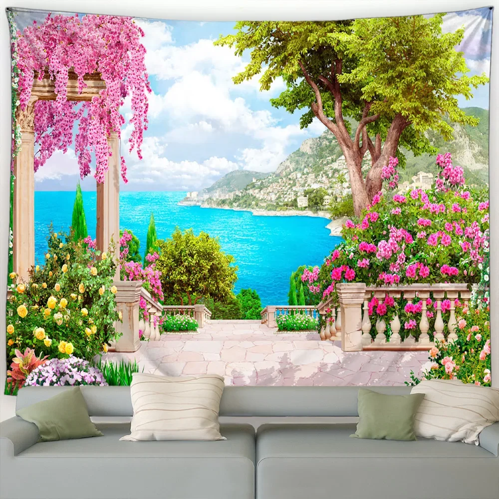 

Seaside Landscape Tapestry Pink Flowers Plant Trees European Style Ocean Scenery Garden Wall Hanging Home Living Room Decoration