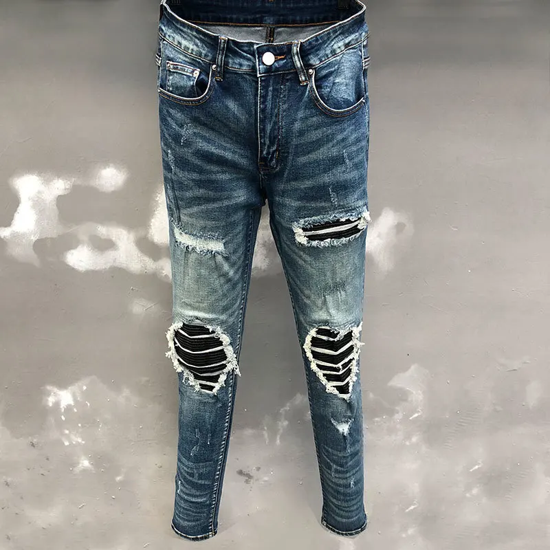 Zipper Jeans For Men Motorcycle Pants Hip Hop Jean Men Patchwork Stacked Jean Streetwear Mens Jeans Skinny Blue Vaqueros Hombre