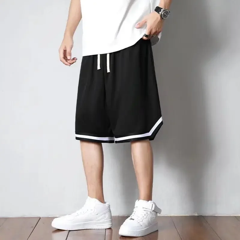 Black Knee Length Basketball Shorts Men Striped Loose Running Sport Gym Mesh Breathable Fitness Training Workout Bottom Male