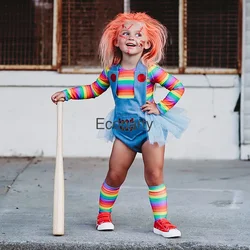 Halloween Children Ghost Doll Cosplay Chucky Costumes Girls Fancy Horror Clown Doll Striped Top Set Kids Carnival Party Costumes