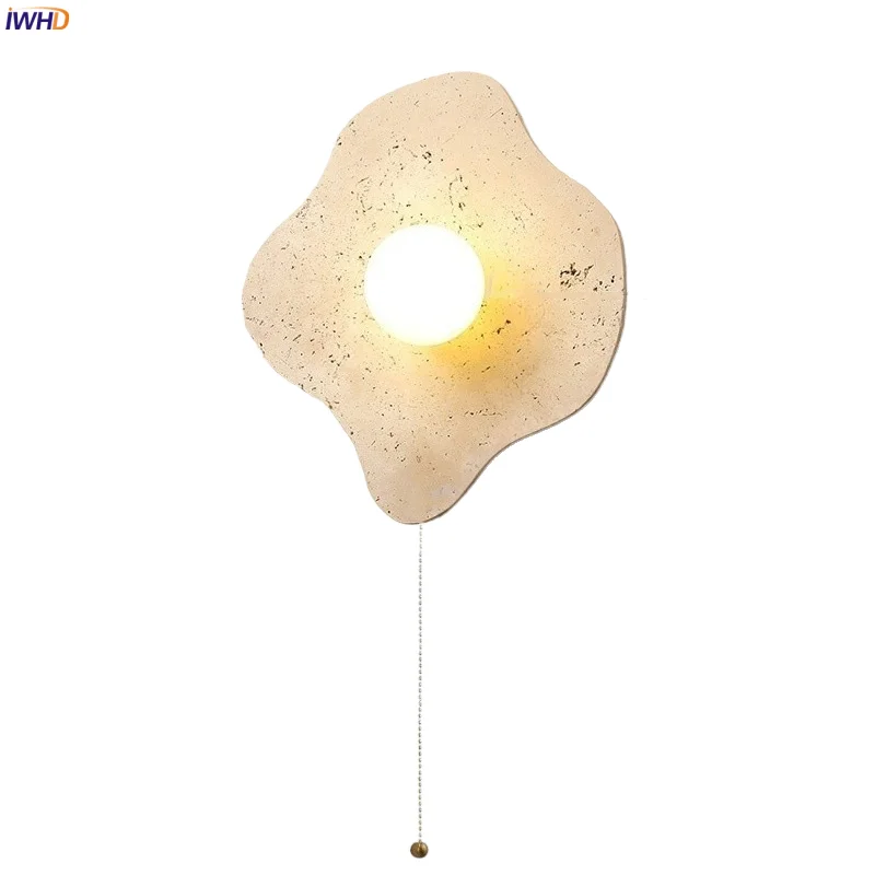 

IWHD Japan Wabi Sabi LED Wall Lamps For Bedroom Pull Chain Switch Yellow Travertine bathroom mirror Stair Light Applique Murale
