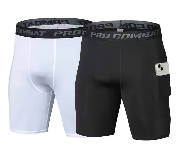 Mens Gym Shorts with Pockets Workout Compression Leggings for Men Polyester Boxer Briefs Running Basketball Athletic Tights