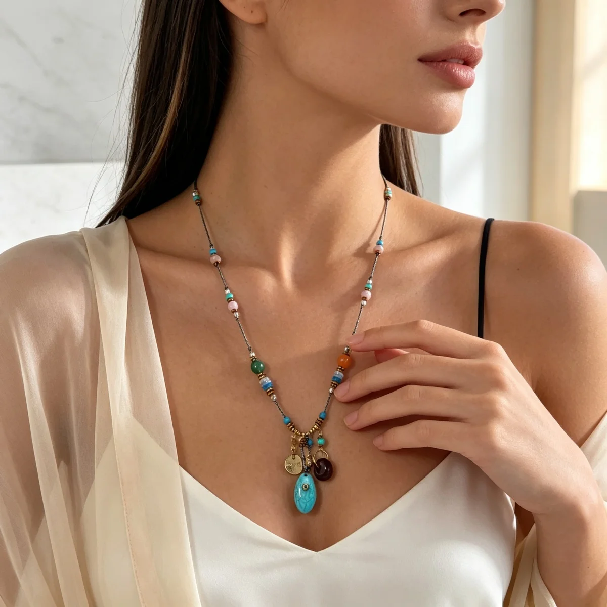 Vintage Bohemian Blaue Naturstein-Oval-Anhänger-Halskette für Frauen und Männer, Bunte Acrylperlen-Seilkette, Ethnischer Schmuck – Detail 13