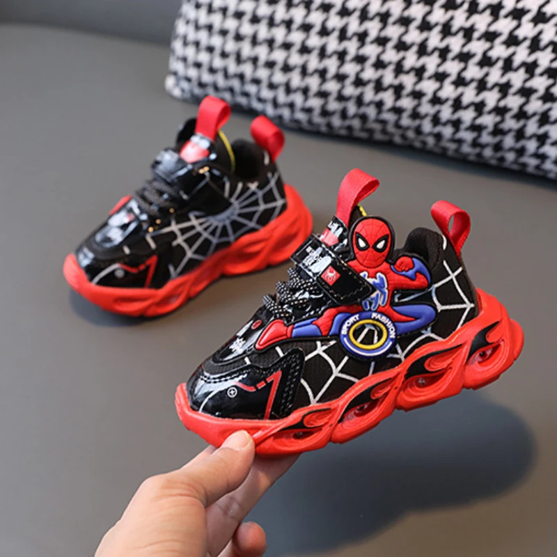 Disney LED Casual Sneakers Red Blue For Spring Boys Spiderman Mesh Outdoor Shoes Children Lighted Non-slip Shoes Size 21-30