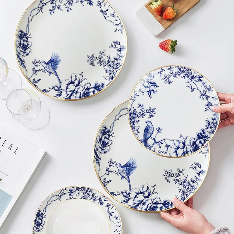 

Gold Painted Ceramic Plate Blue and White Porcelain Living Room Entree Plates Hand Painted Bird Decorative Breakfast Bread Pan
