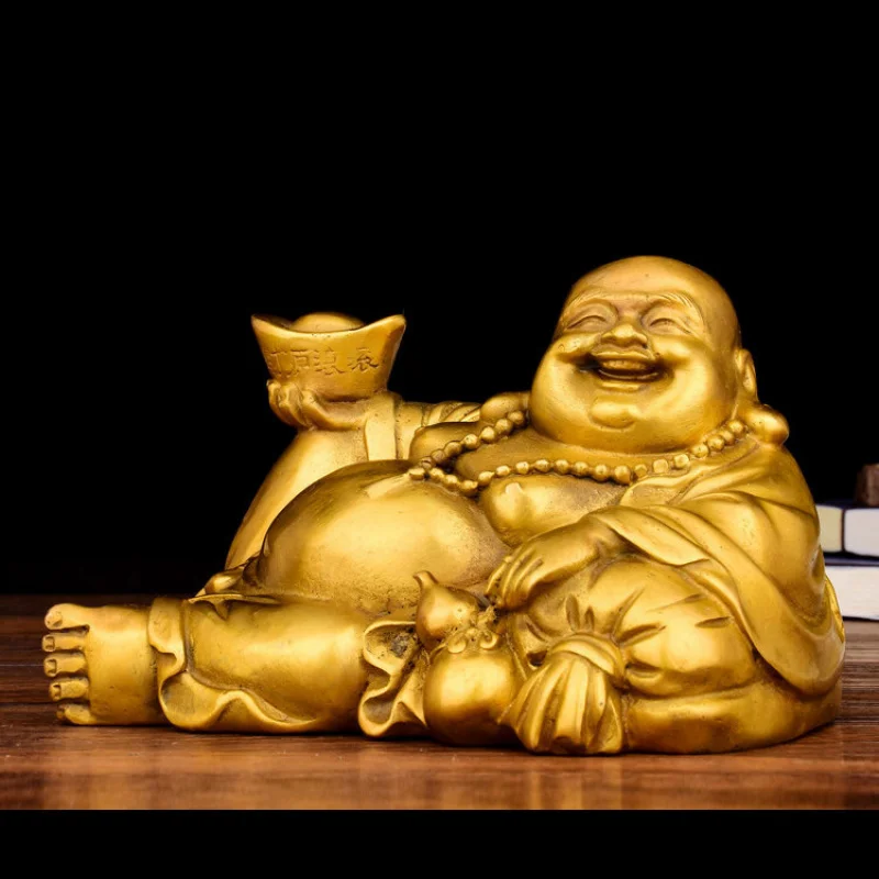 Maitreya Reclining Ornament, Brass Ingot Laughing Buddha Statue for Office, Home, and Car Decoration