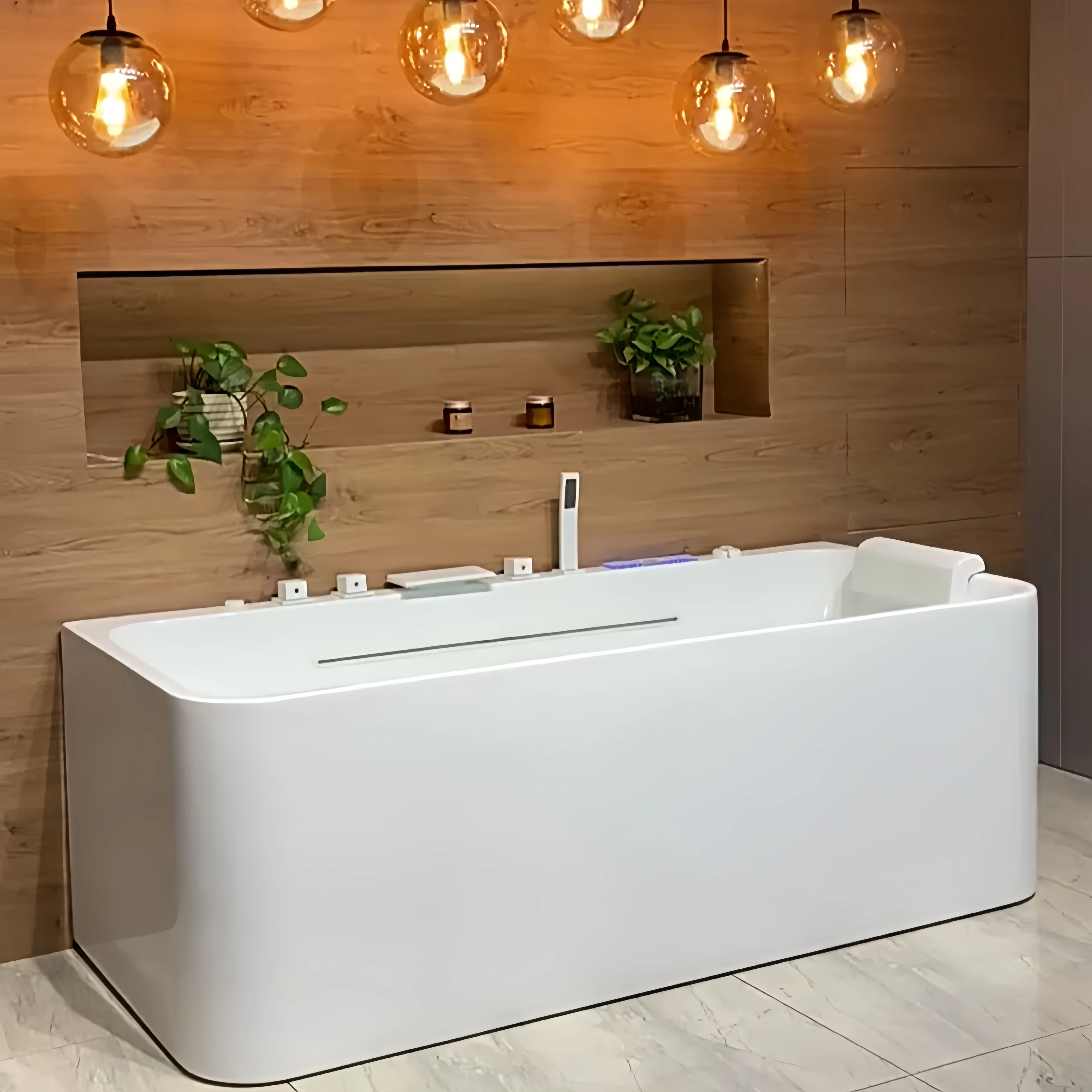Modern White Freestanding Acrylic Hydro Massage Bathtub with LED Lights Waterfall Whirlpool Hotel & Villa Indoor Use Hot Tub