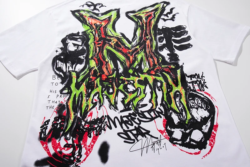 Übergroße Gewaschene Weiße T-Shirts für Herren Vintage Glänzender Diamant-Graffiti-Druck Relaxed Fit Hip Hop Urban Streetwear T-Shirt Top – Detail 16