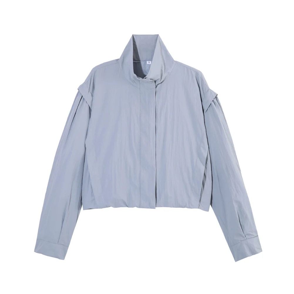 Lightweight Casual Outerwear Stand Collar Jacket For Office Work Polyester Fabric Medium Elasticity Solid Pattern