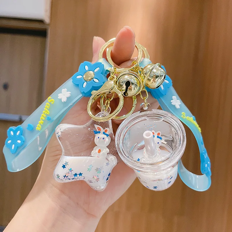 Cartoon Oil Floating Quicksand Rabbit Keychain Cute Bubble Tea Cup Liquid Key Chain Kids Girl Backpack Charm Keyring