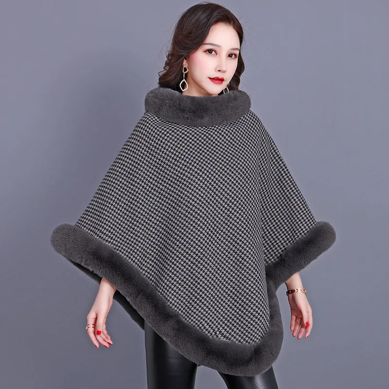 

Winter New Imitation Fur Women's Coat Shawl Scarf Imitation Otter Rabbit Hair Plush Inside Ponchos Capes Black Gray Cloaks