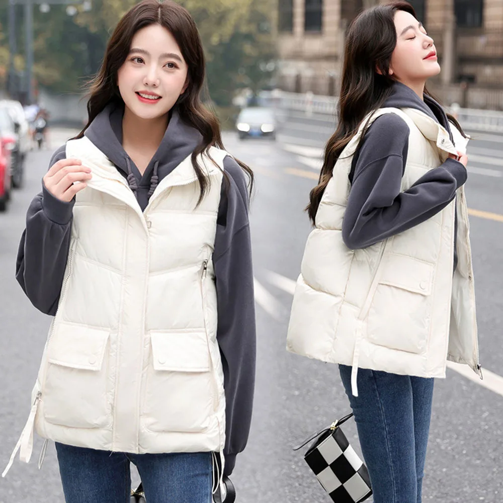 

2023 Autumn Winter Women's Stand Collar Coat Solid Sleeveless Pocket Jacket For Ladies Zipper Loose Warm Cotton Vest Waistcooat