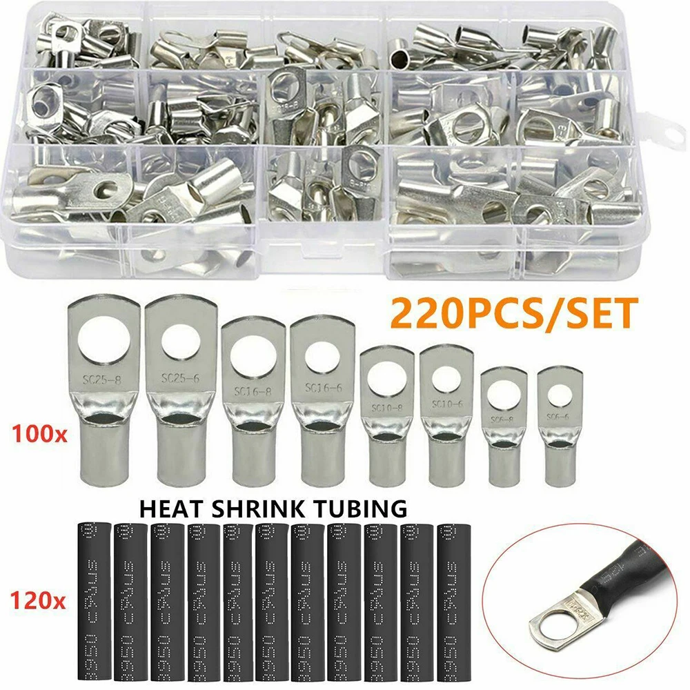 

220CPS Various Automotive Soldering Connector Kit Copper Ring Crimp Wire Terminal Bare Cable Battery Terminal