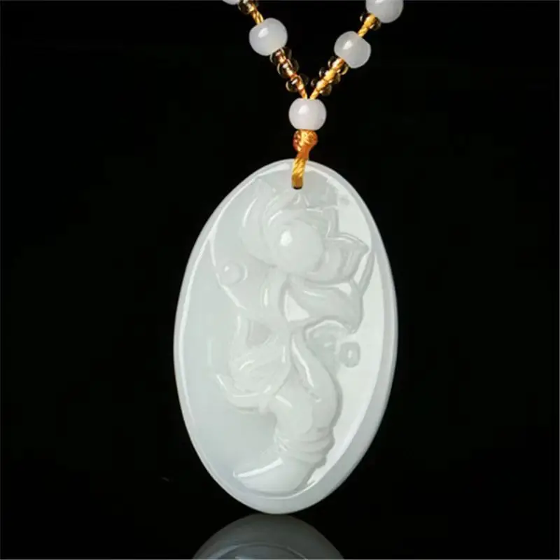 Xinjiang Hetian mutton fat white jade bergamot lotus pendant men's and women's jasper lotus necklace pendant