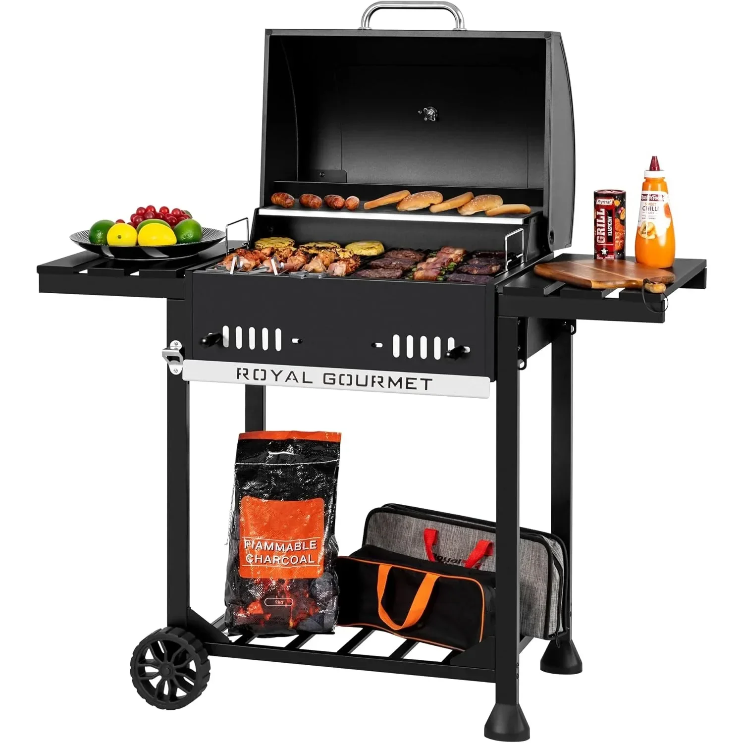 Movable Charcoal BBQ Grill with Foldable Side Shelves, Black
