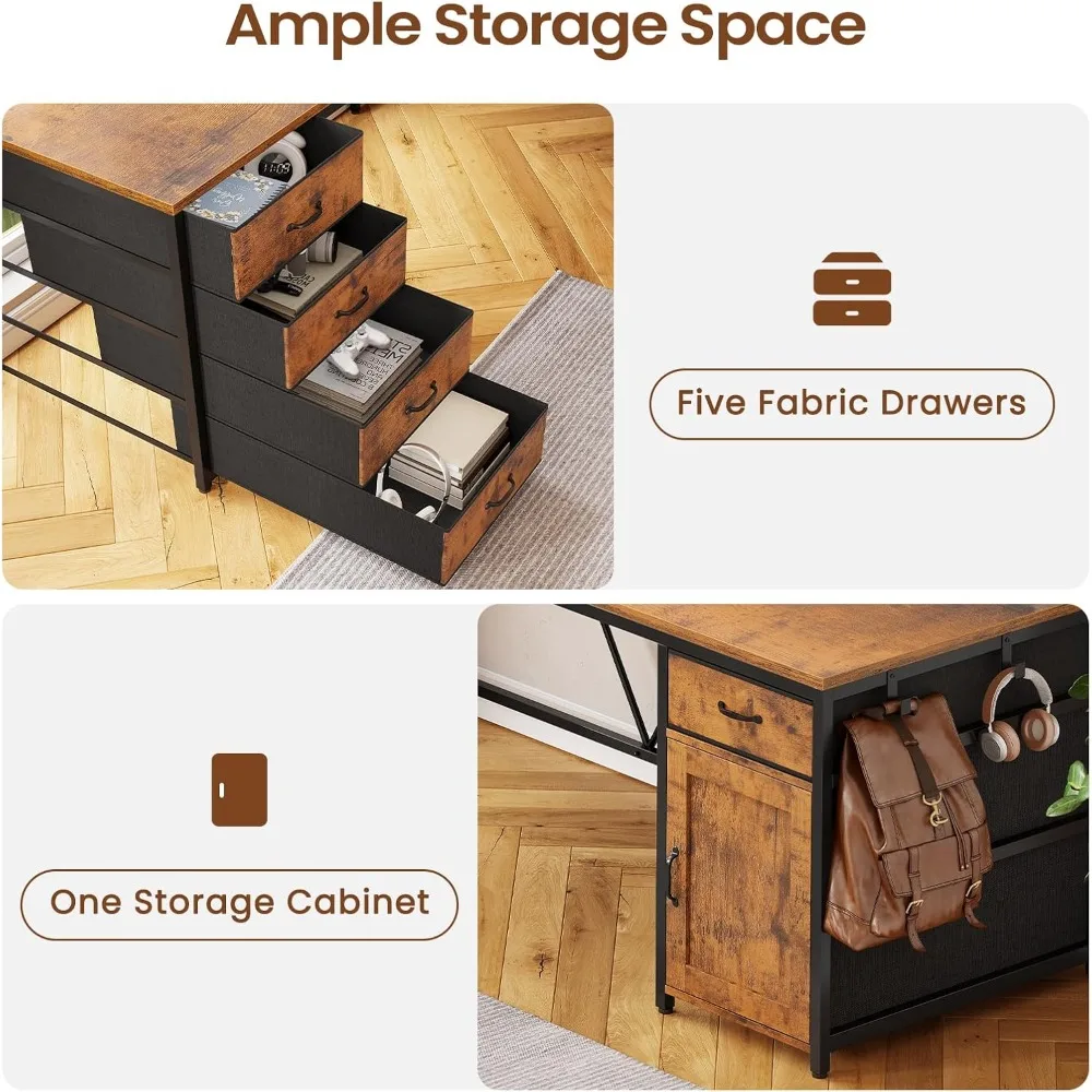 مكتب على شكل حرف L، مكتب كمبيوتر مقاس 63 بوصة مع 5 أدراج ومخرج طاقة، مكتب مكتب منزلي طويل أو مكتب زاوية، مكتب زاوية على شكل حرف L مع