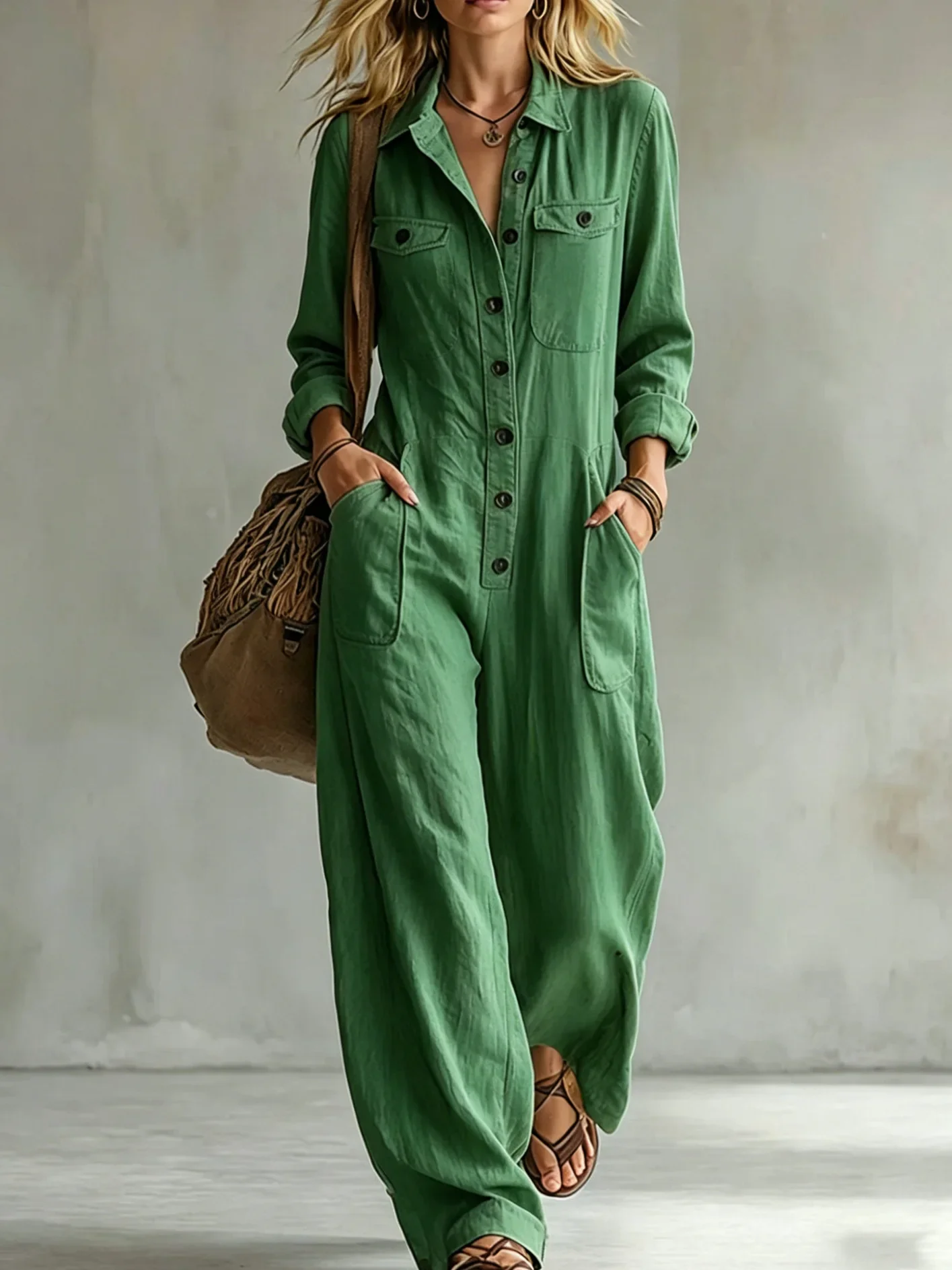2026 Autumn New Fashion Single Breasted Double Pocket Women's Work Jumpsuit Casual Loose Vacation Female Rompers