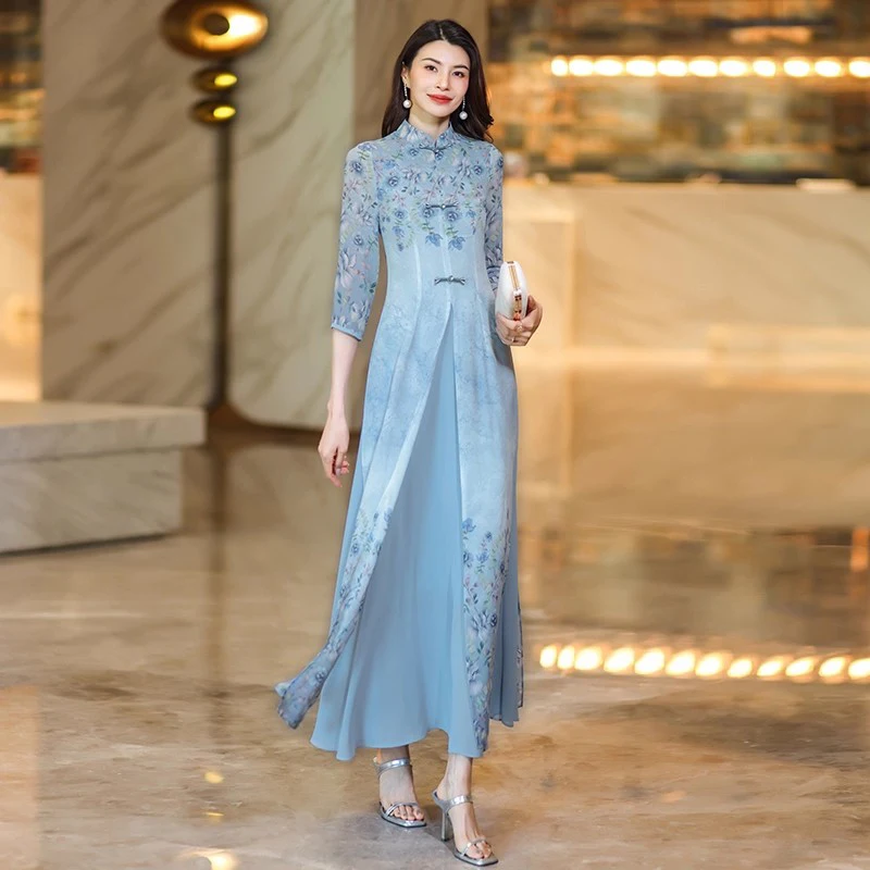 

New Women Chinese Style Floral Dress Summer Fashion Stand Collar High Waist Slim Long Dress Elegant Beautiful Water Blue Dress
