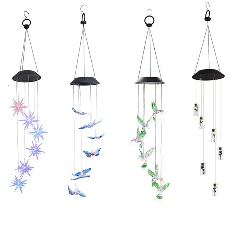 Lampade solari a sospensione creative Colibrì Farfalla Carillon di vento Luce LED solare impermeabile IP65 Luce decorativa Cortile da giardino